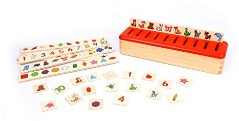 Edu Fun 31100 Puzzle Sortierbox Motorik-Spielzeug Sortierkasten mit Deckel Holzspielzeug Lernspielzeug Holzpuzzle Spielzeug aus Holz 100 Teile 10 Kategorien Tiere Formen Kleidung Früchte Zahlen