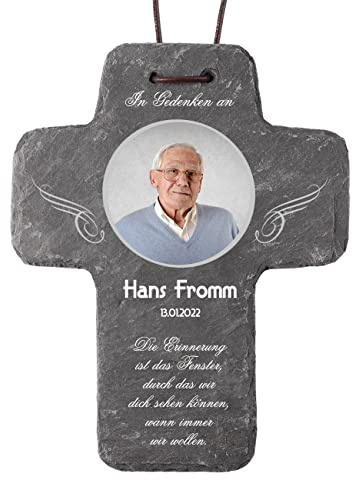 private grief Kreuz mit Foto aus Naturschiefer als Andenken an einen lieben Verstorbenen (Foto, groß)