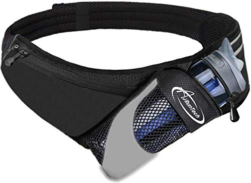 AiRunTech Upgraded No Bounce Hydration Belt Can be Cut to Size Design Strap for Any Hips for Men Women Running Belt with Water Bottle Holder Pocket Fits Smartphones Black Bottle diameter up to 3.2 in
