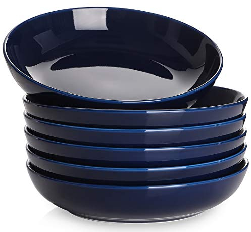 Y YHY 8.5'' Pasta Bowls Set of 6, 30oz Large Porcelain Salad Bowl & Soup Plate, Plates Wide & Shallow Bowls, Serving Dishes for Salad, Pasta, Soup, Fruit, Microwave & Dishwasher Safe, Blue