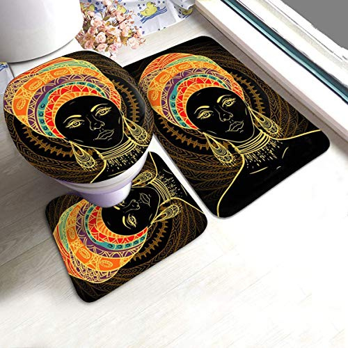 BLSYP Vacker afrikansk kvinna i turban 3 delar badrumsmattor set, mjuka chenille badmattor set, absorberande lurviga badmattor och halkbeständiga plyschmattor för badkar, dusch, badrum