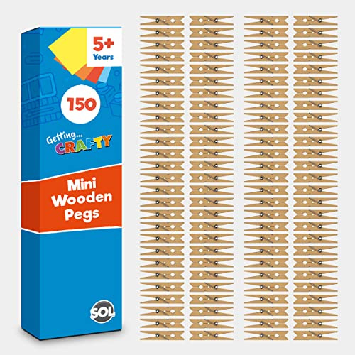 SOL 150pk Mini Wooden Pegs for Photos and Craft - Small Rustic Clips | Tiny brown wooden clips for hanging pictures, cards and wedding decor, scrapbooking, arts and DIY projects