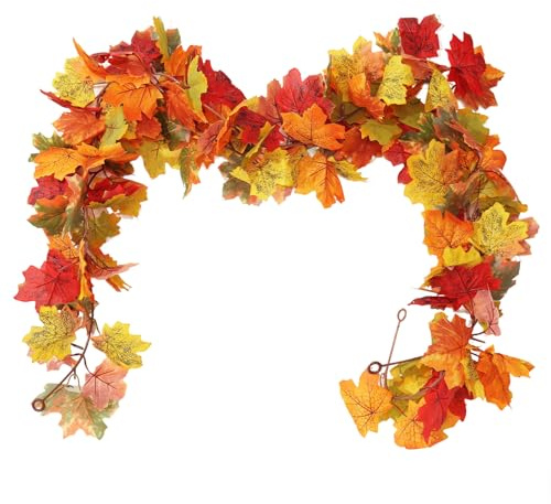 RECUTMS Autumn Decorations, Artificial Fall Maple Leaf Garland 2 Pack 5.8Ft Hanging Vine Rattan Foliage Leaves Wreath Thanksgiving Decor for Home Wedding Fireplace Party Christmas Indoor Outdoor