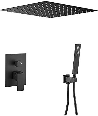 VALAZ Ducha Encastrada Negro Mate | Ducha Monomando 2 Vías, Rociador Efecto Lluvia | Instalación en Techo Fácil y Rápida | Inoxidable, Cuadrada, Rociador 30 cm, Serie Tajo