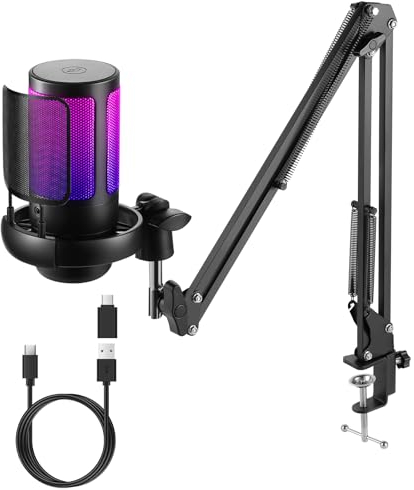 FerBuee Microphone de Jeu PC USB avec lumière RGB. Microphone à Condensateur avec Bouton Muet, Réglage du Volume, Prise Casque 3.5mm. Compatible avec Windows, MacOS