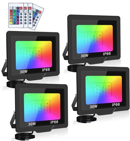 SKYWORLD LED Projecteur Couleur 4 Pièces, 30W RGB Extérieur avec 4 Modes, Fonction Mémoire & Télécommande RGBW, Lumière Étanche IP66 pour Patio, Garage, Jardin, Terrasse, Usine
