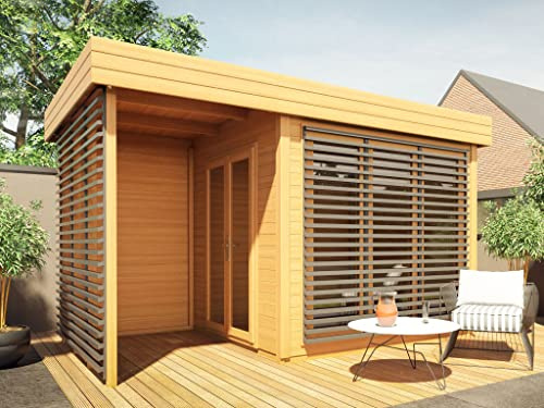 Woodtex Holz Gartenhaus Homeoffice Ivar | Wandstärke 28 mm | Naturbelassen | Mit 164 cm Anbau | B x T x H: 427 x 277,6 x 248 cm | Inkl. Große Fensterfront