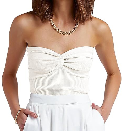 ANRABESS Tube Top for Women Summer Strapless Bandeau Knit Twist Knot Corset Crop Basic Tank Tops 2026 Vacation Beach Clothes White Large