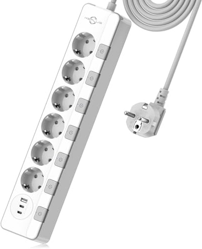 Multiprise Electrique (4000W/16A), KEPLUG 6AC Multi Prise Parafoudre 1050J avec Interrupteurs Individuels a 6 Prises et 3 Ports USB (2.4A), Multiprise USB avec 2M Cordon pour Maison Bureau