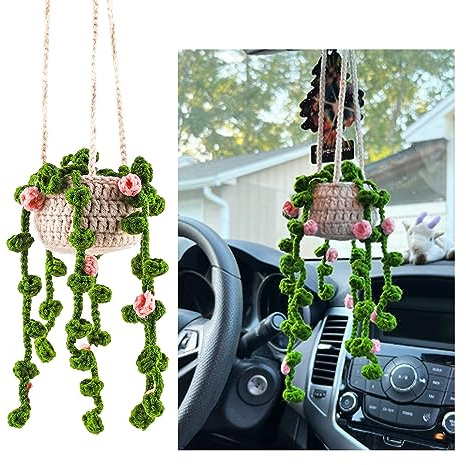 Kewucn Boho Car Plants Crochet Rear View Mirror Accessories, Cute Auto Pendant Crochet Plants Hanging Baskets, Green Vehicle Interior Aesthetic Decor Hanging Ornament for Women Men (Style 2)