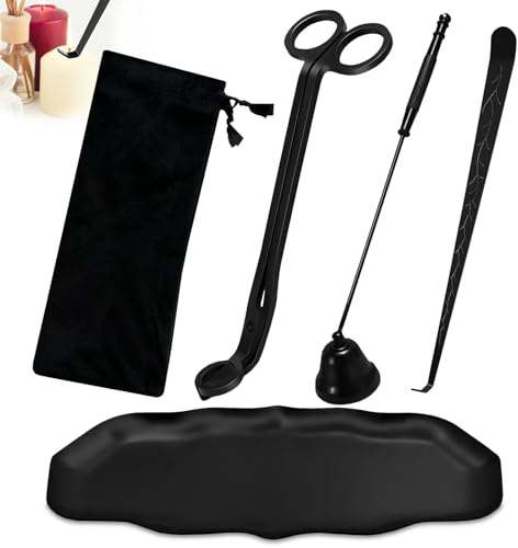 iecolike Kerzenzubehör Set 4 in 1, Kerzenpflege Werkzeuge, Dochtschere Kerzenlöscher und Docht-Dipper, Ablageplatte mit tragbarer Tasche, Geschenkbox für Kerzenliebhaber (schwarz)