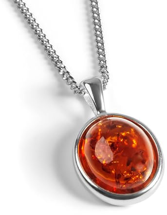 HENRYKA 925 Sterling Silver & Cognac Baltic Amber Classic Oval Necklace | Minimal Pendant | Birthstone Gifts | Hypoallergenic Women's Jewellery with Gift Box