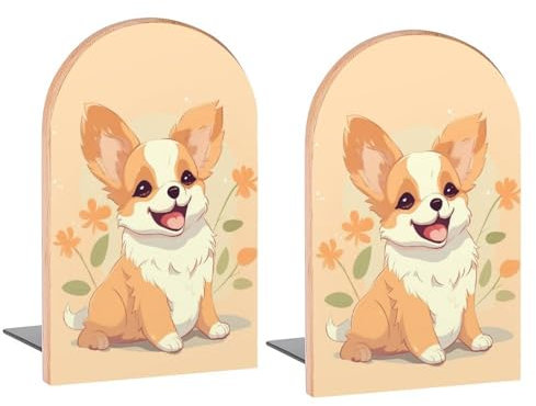 Happy Little Corgi Puppy Buchstützen aus Holz, dekorative Buchstützen für Regale, Kinderzimmer, Schreibtisch, Heimbüro, Buchstopper für Zeitschriften, Bücher, DVDs, 1 Paar/2 Stück (12,7 x 7,9 cm)
