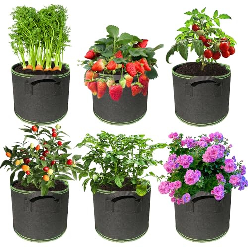 Lotvic 6 Pack 5 Gallons Grow Bags - Non-Woven Fabric Containers With Handles for Tomatoes, Potatoes, Vegetables, Plants, Flowers and Fruits - Breathable Planting Solution