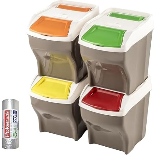 Sicignano | Juego de cubo de basura de recogida diferenciada, 27 x 4 l, plástico, tapa de color, con compartimento para bolsas – Apilable, modular, 20 bolsas de basura