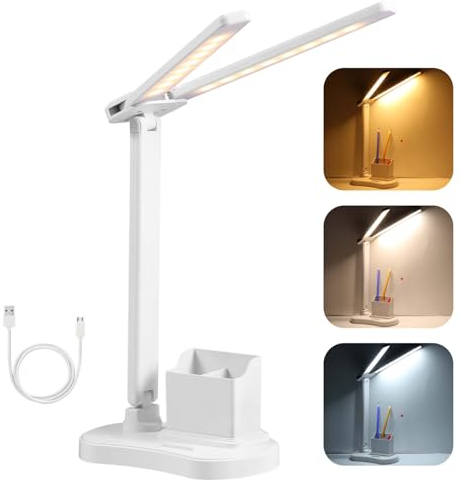 Vinabo Desk Lamp LED Table Lamp, LED Desk Lamp Eye Protection, Desk Light USB Powered, Touch, 3 Brightness, 3 Colours, Dimmable, for Study Lamp, Desk Light Children, Bedroom, Bedside Table, Office