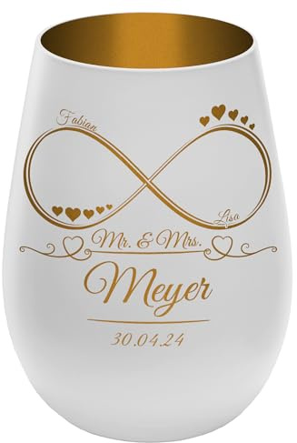 Windlicht mit Gravur ''Unendlichkeit'' - Weiß/Gold - Glas Teelichthalter personalisierbar mit Wunschtext - Geschenk zu Valentinstag Hochzeit Verlobung Jahrestag