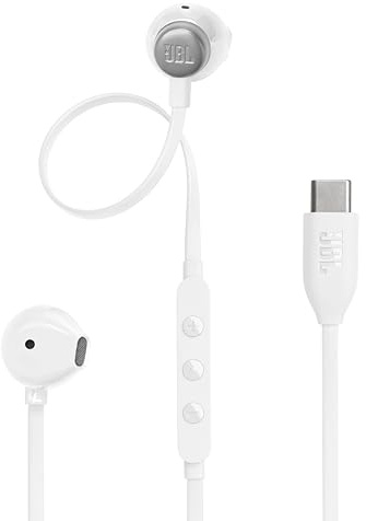 JBL Tune 305 C Écouteurs filaires Hi-Res, son Pure Bass JBL, connexion USB-C, câble plat anti-nœuds, télécommande à trois touches avec microphone, blanc