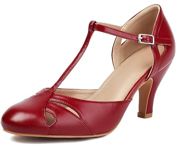Elerhythm Women's Mary Jane Vintage T Strap Closed Round Toe Heels Retro 1950s Pumps 1920s Victorian Shoes, Red, 3 UK