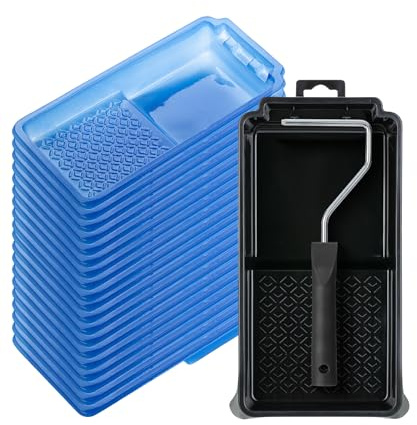 Bates- 4 Inch Paint Tray Set, 22 pcs, 1x 4 Inch Paint Roller Tray, 20x Disposable Plastic Liners & 1x Roller Frame, Black & Blue
