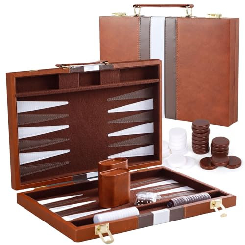 Backgammon Holzset, Tragbares Brettspiel mit Hochwertiger Ledertasche und Holzsteinen, 15 Zoll, für Erwachsene und Reisen