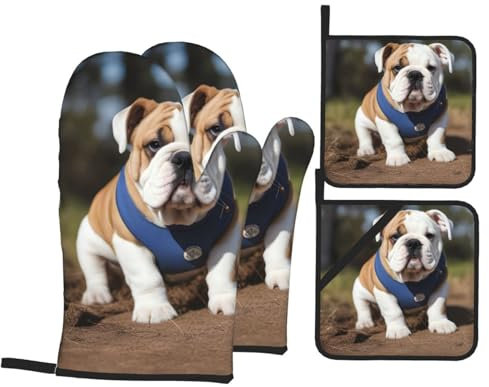 Englische Bulldoggen Ofenhandschuhe und Topflappen, Grillhandschuhe und Halter zum Kochen, Backen (4-teiliges Set)