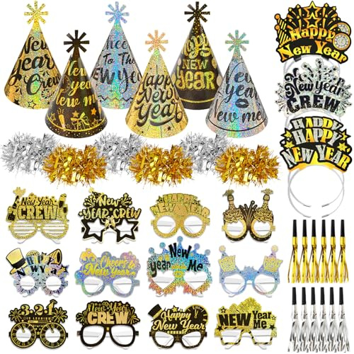 DPKOW 42 STK Glitzer 2026 Silvester Accessoires, Laser Haarreif Partyhüte Brillen Armband Partytröten für Neujahr 2026 Silvester Party Zubehör Gadget Glitzer Schwarz Gold Silber