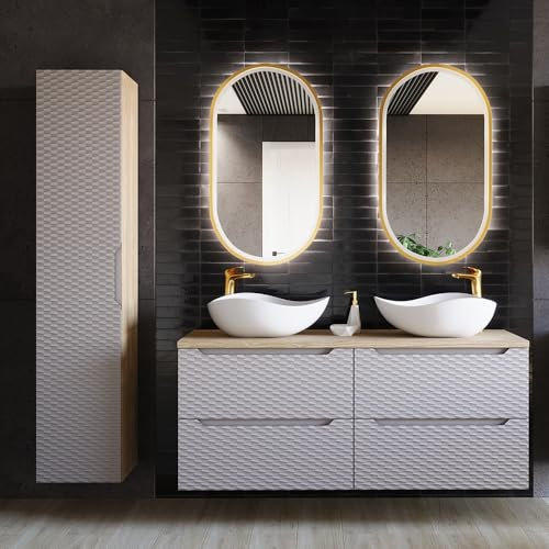 Lomadox Badezimmer Badmöbel Set 4-teilig mit 120cm Doppelwaschtisch in Eiche, Front in beige mit 3D-Oberfläche