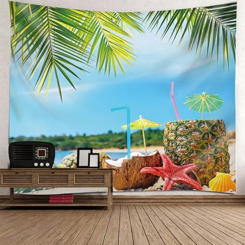 Mesnt Wandteppich Strand Palmen, 240x220cm Kokosnuss-Ananas-Getränk, Palmblätter, Seesterne, Strandlandschaft Groß Wanddeko für Schlafzimmer Wohnzimmer Wohnheim | Blau Grün