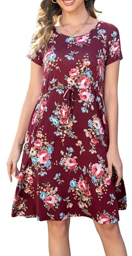 QINYI Womens Nursing Dresses Breastfeeding Short Sleeve Drawstring Maternity Nursing Dress with Pockets (US, Alpha, 1X, Plus, Regular, Wine Blooms)