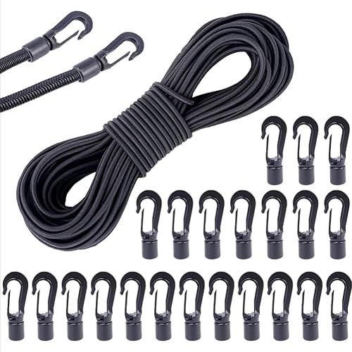 VirtuGro 20M x 4mm Bungee Cords with Hooks Black Elastic Cord with 60Pcs Bungee Cord End Hooks Elastic Rope Shock Cords for Tarpaulin Camping Trailer Tent Netting Backpack Furniture Caravan Cargo