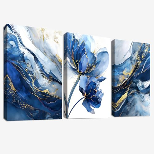 3Pcs Acquerello Oro Blu Fiore di loto Stampa su tela Con Cornice Marmo astratto blu navy Pittura Quadri su tela Quadri Moderni Bagno Camera da Letto Soggiorno Stampe da Parete 50x70cm x3pcs