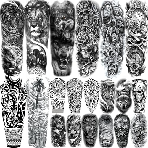 20 Blätter Wolf Löwe Tiger Temporäre Tattoos Herren Damen, Tattoos Zum Aufkleben Männer Frauen Klebetattoos Erwachsene, Totenkopf Nonne Maori Blume Fake Tattoo Aufkleber Ärmel Halloween Uhr Christus