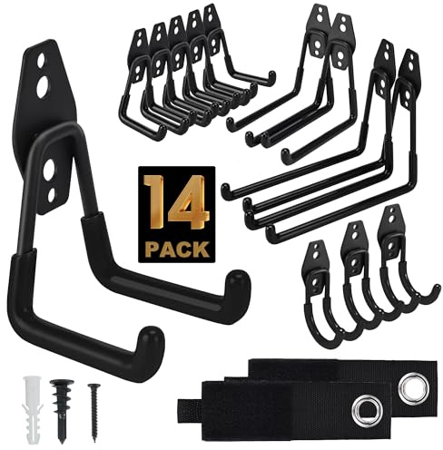 TECHSHARE Garage Hooks, 14 Pack Hook for Hanging Heavy Duty, 4 Sizes Shed Hooks for Garden Tools, Strimmer, Garage Storage(Black)
