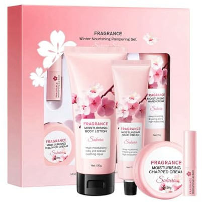 NAOLVE Sakura Ensemble de Soins de la Peau, Sakura Coffret Soin Visage avec Lotion pour le Corps, Crème pour les Mains, Crème pour les Gerçures et Baume à Lèvres, pour Adolescentes Fille Femmes (4 Piè