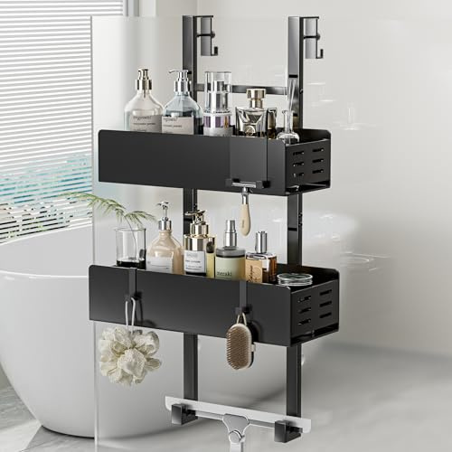 Hawsam Duschablage zum Hängen, Duschablage Ohne Bohren Schwarz für Glasduschtüren, Höhenverstellbares Design mit 3 Haken für die Aufbewahrung von Shampoo und Duschgel im Badezimmer