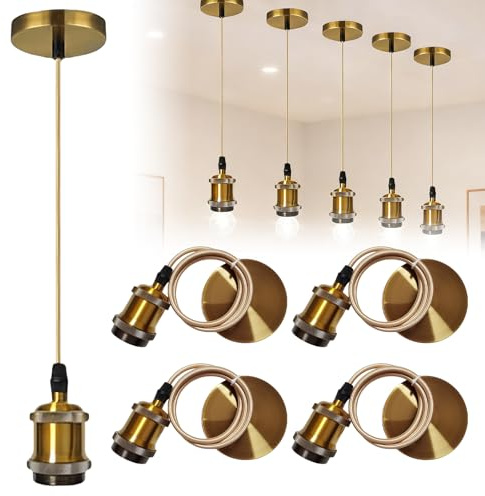 Vegena 4 Pieces Vintage Pendant Light Fitting, Vintage Ceiling Pendant Light Fitting, Gold Pendants Light Fitting, Modern Retro Fitting with E27 Lamp for Kitchen Hallway Bedroom