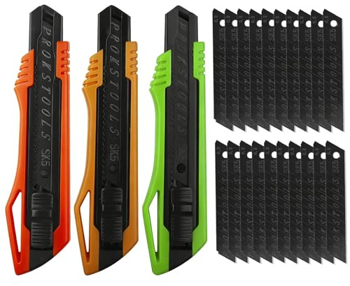 Cutters Professionnels, 3 Pièces,20 Lames En SK5 De Rechanges Compris,Lame Cassable De 18 Mm, Couteau De Coupe Pratique, Couteau À Tapis, Adapté À La Découpe De Papier Et De Carton