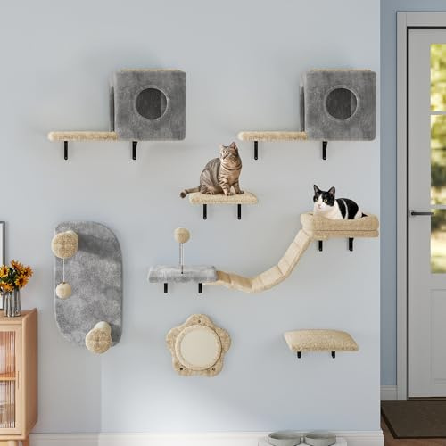 TAUS 8-teiliges Kratzmöbel-Set aus strapazierfähigem Flanell mit Katzenhaus, Schlafplatz, Kratzbrett, Hängebrücke und Sisal-Säulen für Katzen zum Schlafen und Spielen