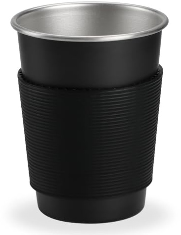 Leegg Juego de 4 vasos de acero inoxidable para fiesta de cerveza, camping, taza reutilizable con mangas de silicona sin asa (negro)