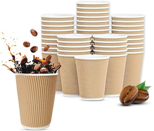 AHG 12oz (340ml) Kraft Disposable Coffee Cups – 25 Pack | Ripple Wall Insulated Paper Cups for Hot Drinks, Tea, Espresso, Office, Catering & Events | Eco-Friendly, Recyclable & Durable Design