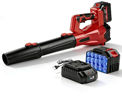 Soplador De Hojas Bateria, 200km/h 6 Velocidades Sopladora De Hojas con 1.3ah Batería Y Cargador, Soplador Bateria Electrico InaláMbrico Bufador Hojas con 2 Tubos De Soplado para Hojas, Polvo, Nieve