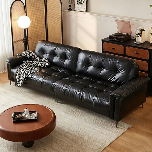 Medeltida retro enkel svart lädersoffa, massiv träram, rymlig och mjuk soffa, modern stor storlek, lämplig för vardagsrum/kontor/lägenhet.