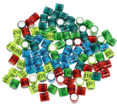 Alasum 100 Anillos para Palomas Mensajeras y Aves de Corral, Bandas de Identificación para Patas, Plástico Aluminio Durable, Colores Aleatorios Brillantes, Paquete de 100 Color Aleatorio