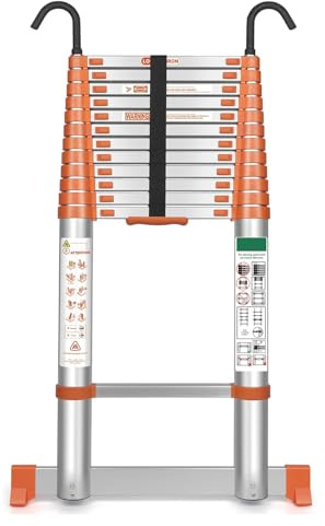 Scala telescopica in alluminio, 5,1 m, estensibile di alta qualità, con ganci rimovibili, portata massima 150 kg, antiscivolo, pieghevole, scala telescopica multiuso