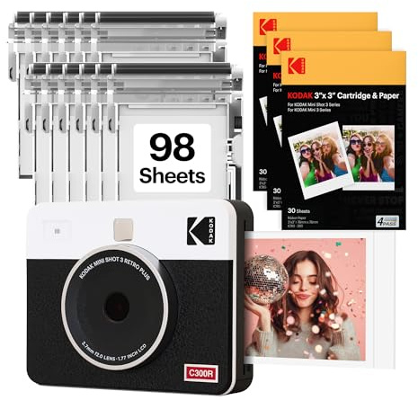 KODAK Mini Shot 3 Retro 3x3” Instant Digital Camera & Photo Printer, 98 Sheets, 2-in-1 Portable Print Camera, Bluetooth Smartphone Printer for iOS & Android, 4PASS Dye Sublimation, White
