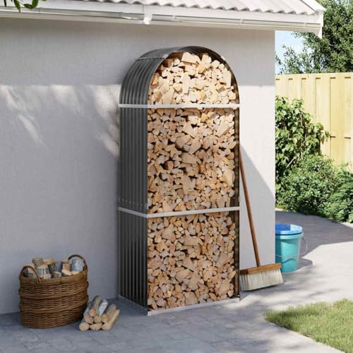 Mangloder Cesta de madera antracita de acero galvanizado 80 x 45 x 190 cm con 2 ganchos, almacenamiento de leña para chimenea y horno, almacenamiento al aire libre para troncos secos en el jardín