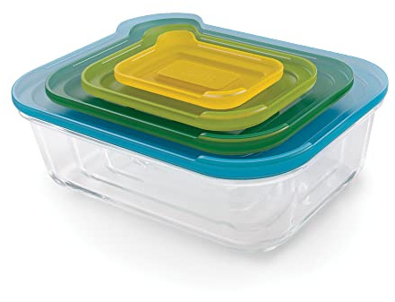 Joseph Joseph Nest Glass Set of 4 Food Storage Containers with lids, Stackable, Space Saving Design, Oven, Freezer, Microwave and Dishwasher safe