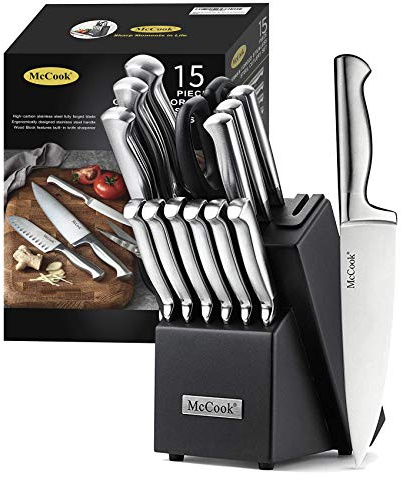 McCook® Knife Sets, German Stainless Steel Knife Block Sets with Built-in Sharpener, 15 Piece Chef Knife and More, Razor Sharp, Restaurant Grade, Anti-Rust, Elegant Box for Gift