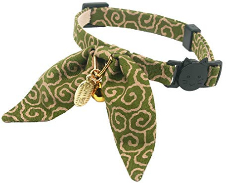 PetSoKoo Bunny Ears Cat Collar, Japan Lucky ‘開三運’ Charm. Safety Breakaway Bowtie Kitten Collar with Bell, Green